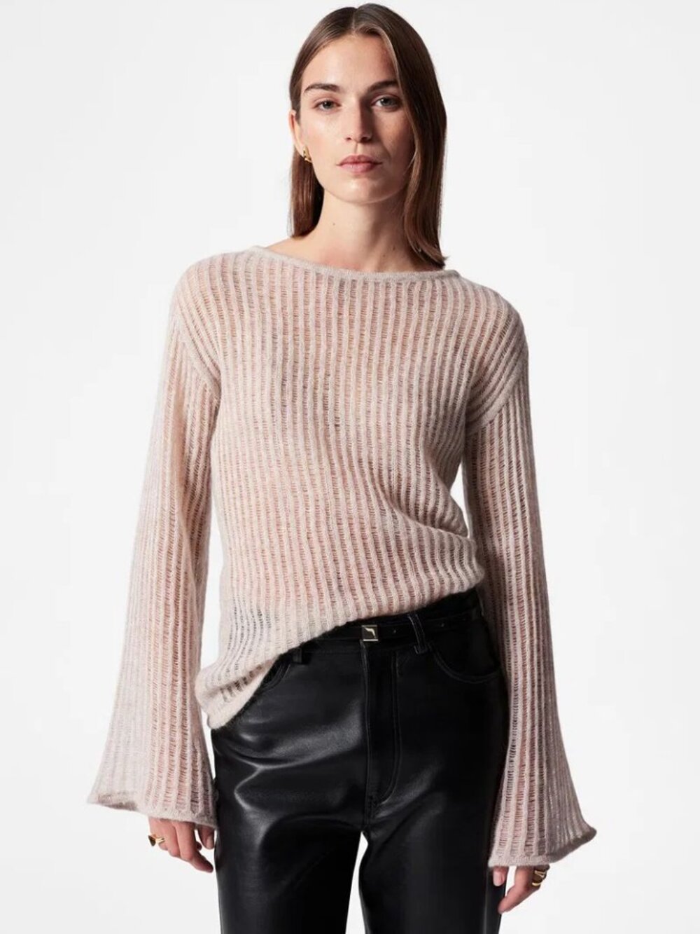& Other Stories Fluted Trim Ribbed Knit Top Size Small Bell Sleeve Sheer Mohair